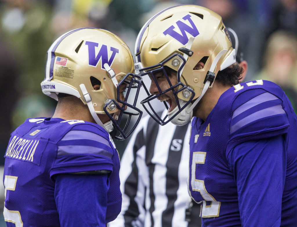 Washington Huskies’ Puka Nacua screams after a touchdown during the game against Oregon on Saturday, Oct. 19, 2019 in Seattle, Wash. (Olivia Vanni / The Herald)