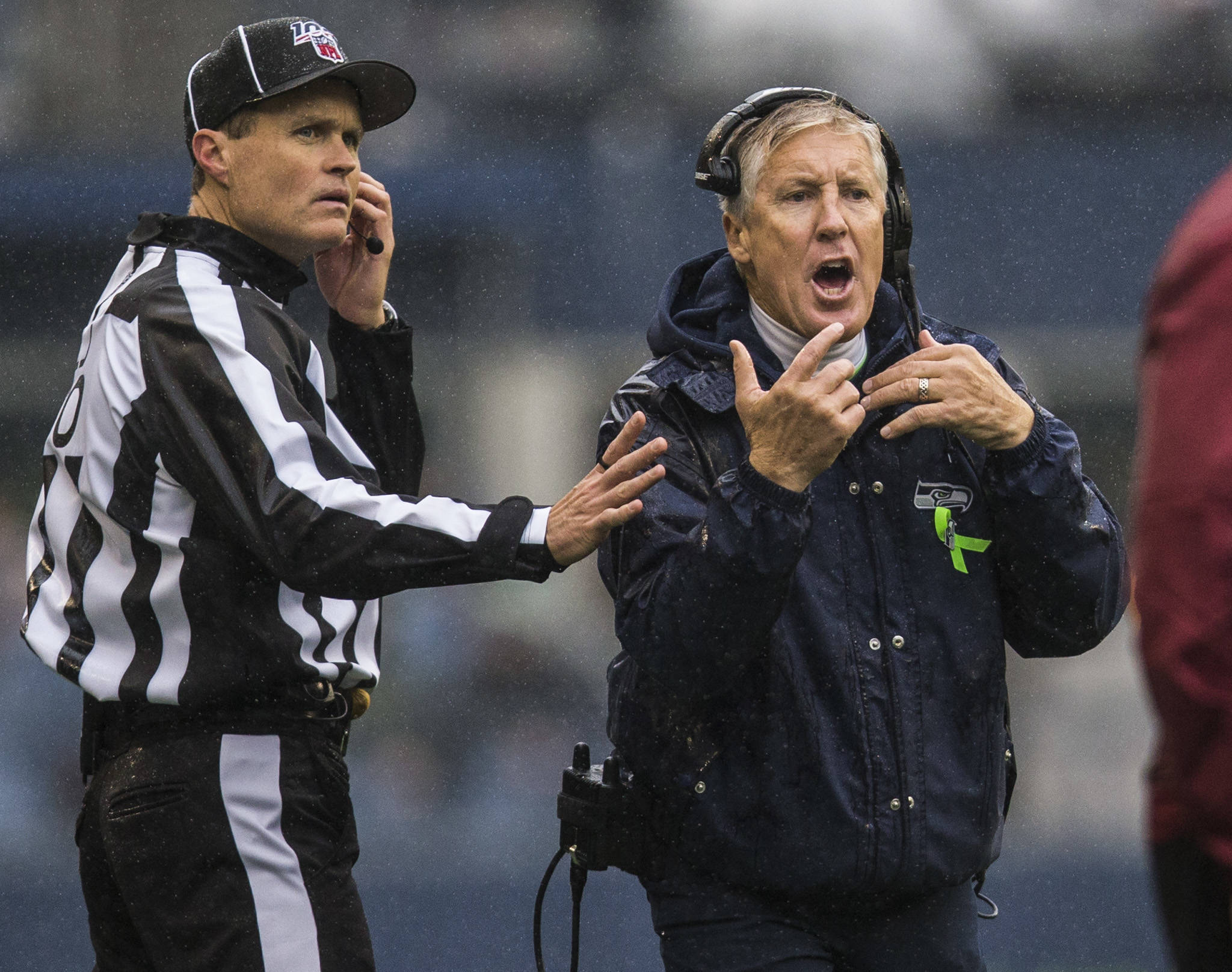 Seattle Seahawks head coach Pete Carroll yells at the officials during Sunday’s game against the Baltimore Ravens in Seattle. (Olivia Vanni / The Herald)