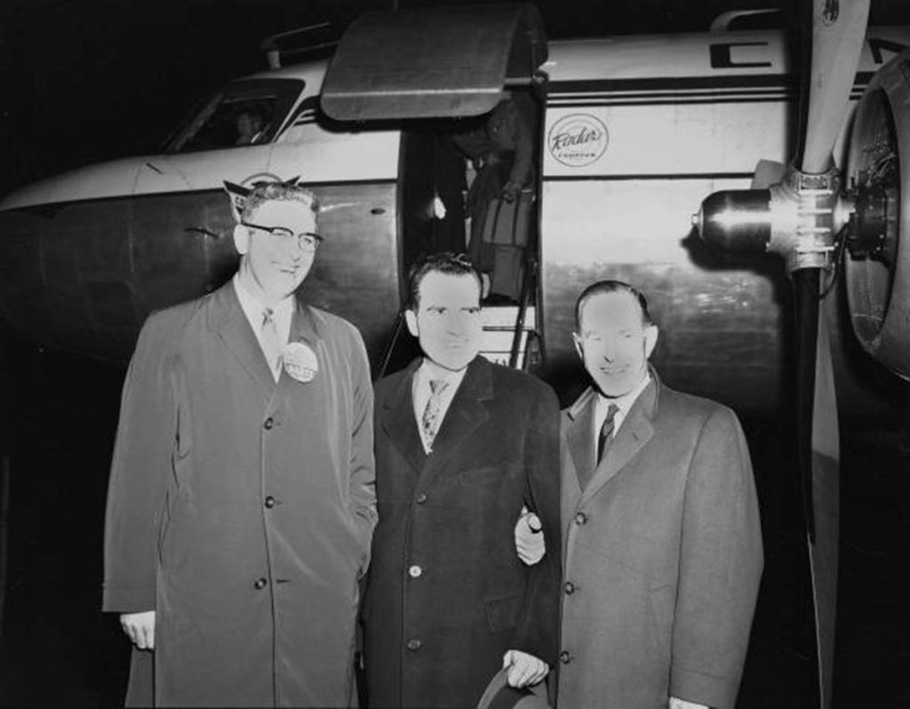 Vice President Richard Nixon was met at Paine field in Everett on Oct. 31, 1958, by Congressman Westland, State Republican Chairman Arnold Wang, Mrs. Neal Tourtelotte, national committeewoman, and Mrs. John Hodgins, state committeewoman. (Jim Leo / Herald file / Everett Public Library)
