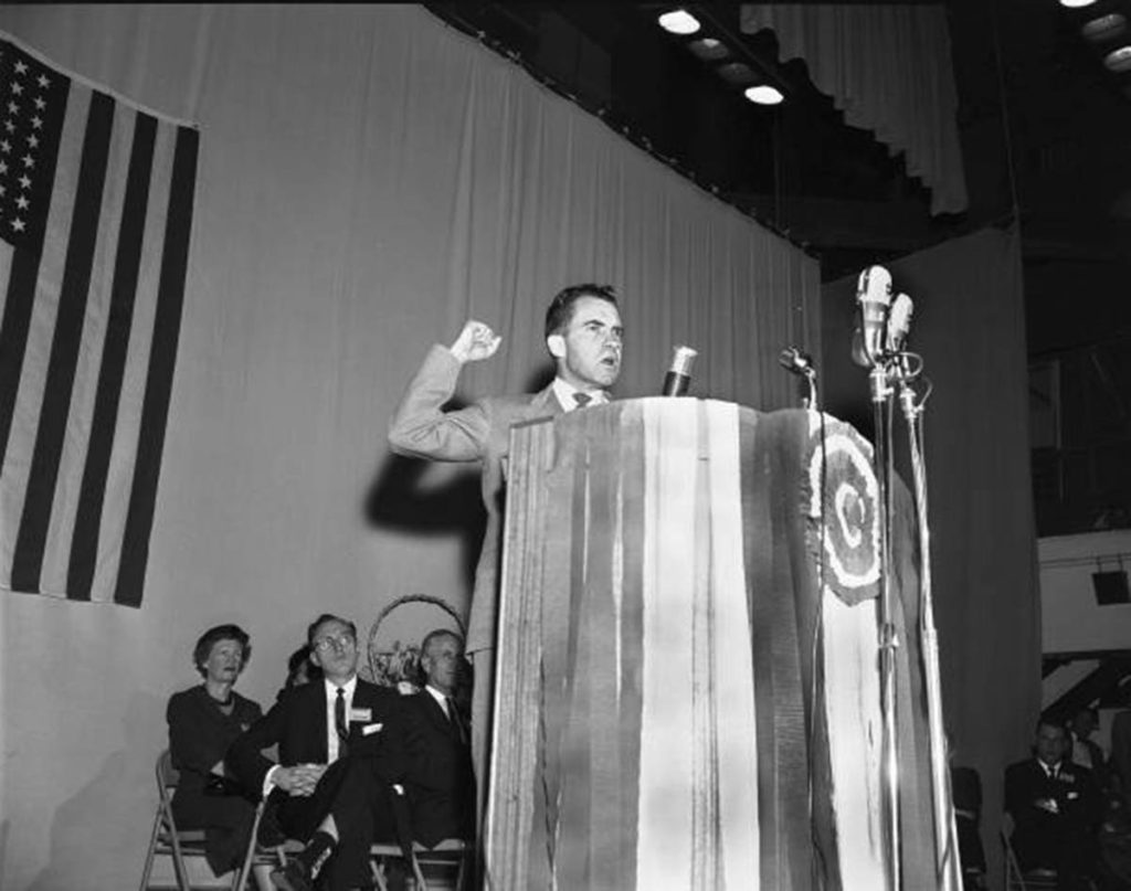 Vice President Nixon gives a speech at the Civic Auditorium in Everett on Oct. 31, 1958. (Jim Leo / Herald file / Everett Public Library)
