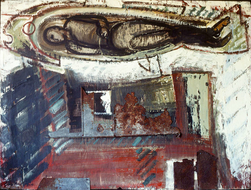 Guy Anderson’s “Fisherman Dreaming of Home” is an oil and metal collage on wood from 1964. Anderson grew up in Edmonds.
