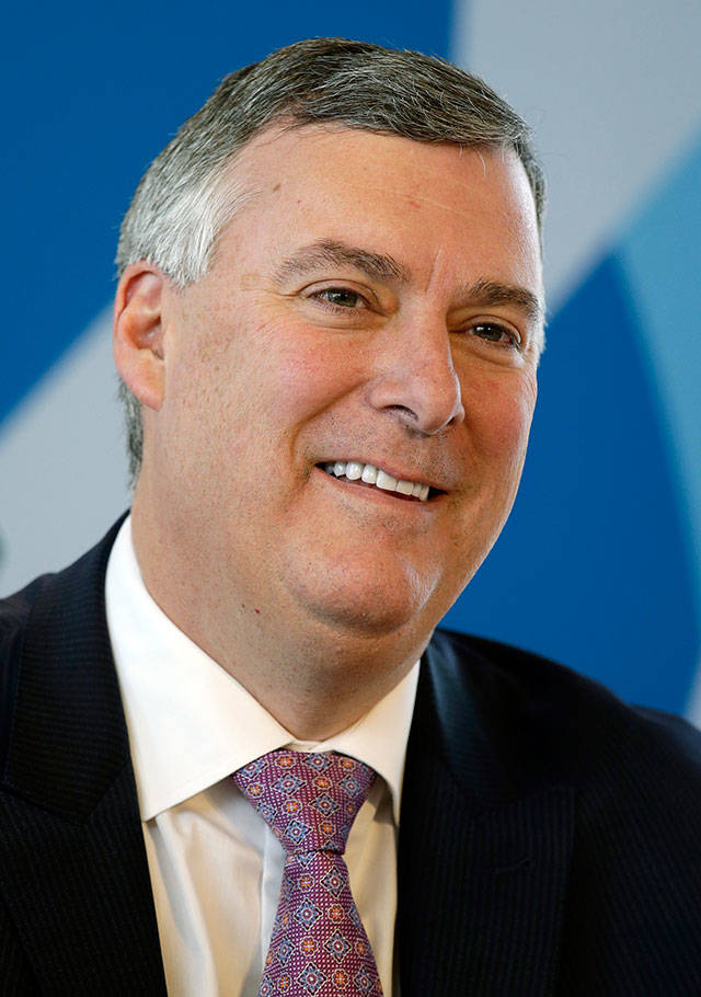 Boeing Commercial Airplanes CEO Kevin McAllister is shown here at a delivery ceremony for a Boeing 747-8 freighter to Qatar Airways on Sept. 25, 2017, at Boeing’s delivery center in Everett. (AP Photo/Elaine Thompson)