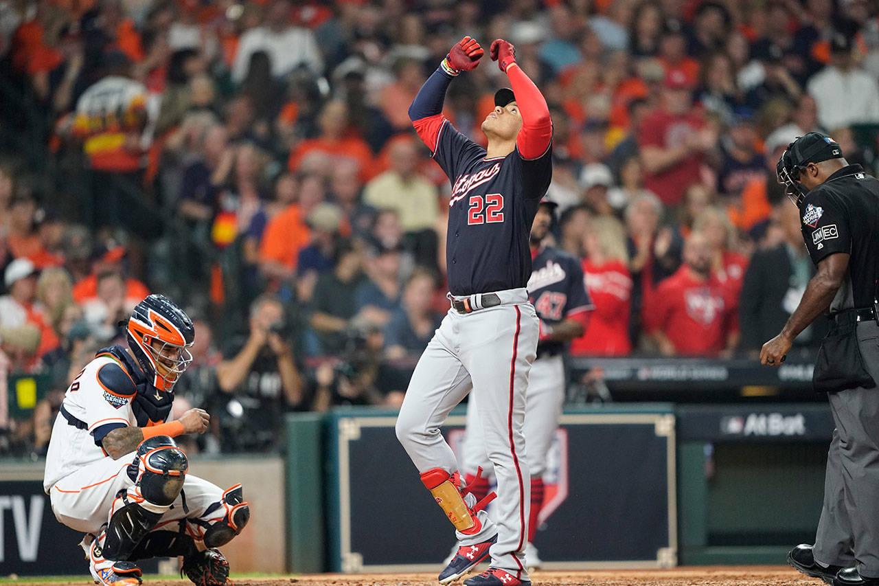 The Nationals’ Juan Soto celebrates after hitting a home run against the Astros during the fourth inning of Game 1 of the World Series on Tuesday in Houston. (AP Photo/David J. Phillip)