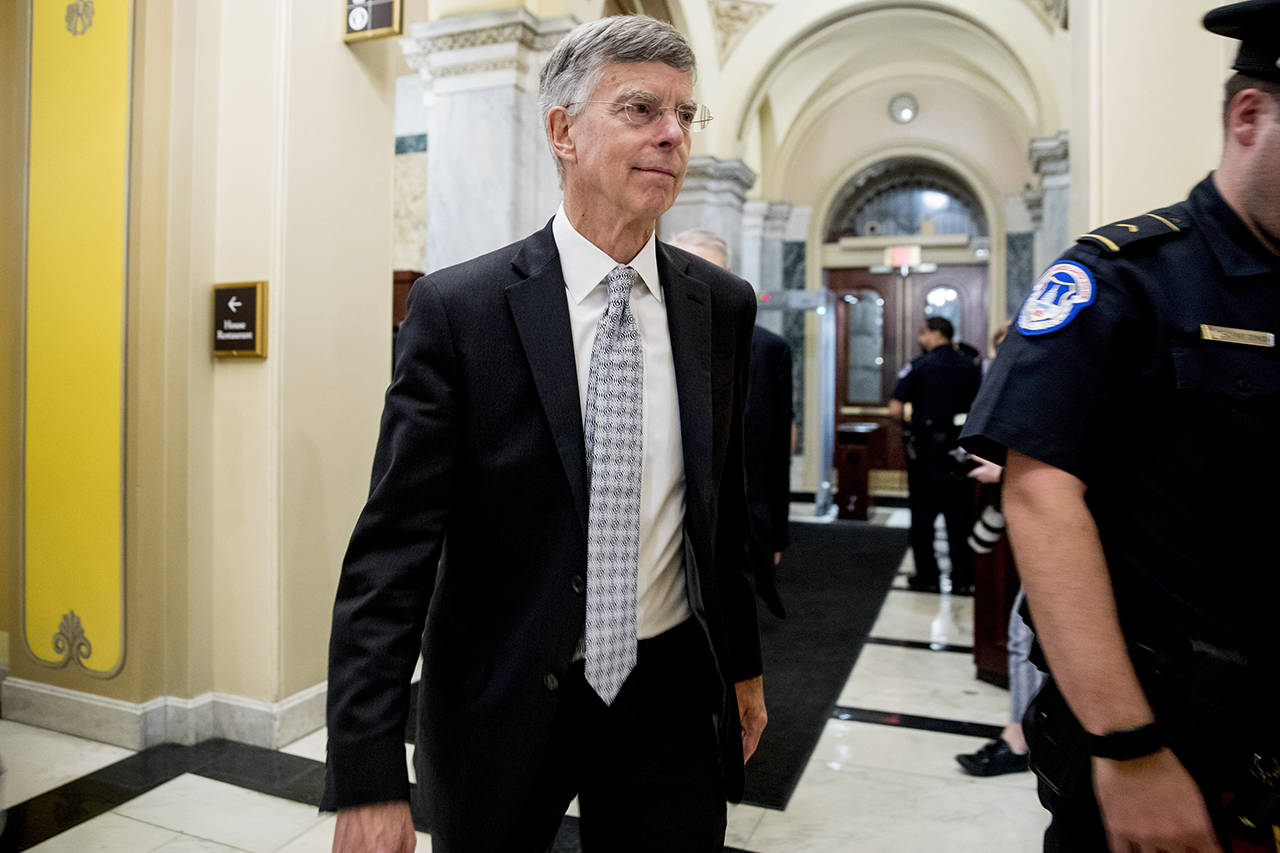 Former Ambassador William Taylor leaves a closed-door meeting after testifying as part of the House impeachment inquiry into President Donald Trump on Tuesday. (AP Photo/Andrew Harnik)