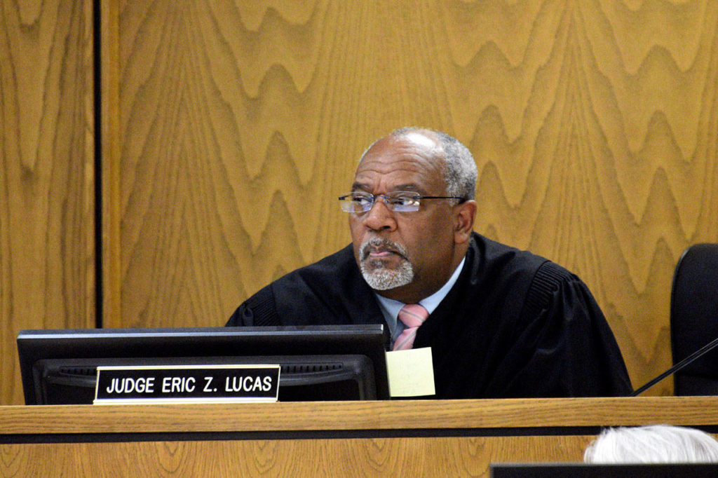 Superior Court Judge Eric Lucas observes witness testimony Thursday in the murder trial of Anthony Garver. It’s a bench trial, meaning Lucas, not a jury, will decide if Garver is guilty or not. (Caleb Hutton / The Herald)
