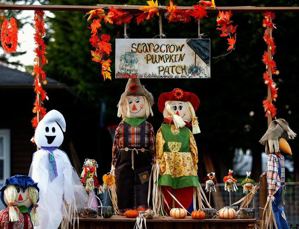 Not very scary, but the younger children of Everett’s Riverside Neighborhood should love Ivy Fulmer’s Halloween displays, including scarecrows and a pumpkin patch they will pass by before getting their treats. (Dan Bates / The Herald)
