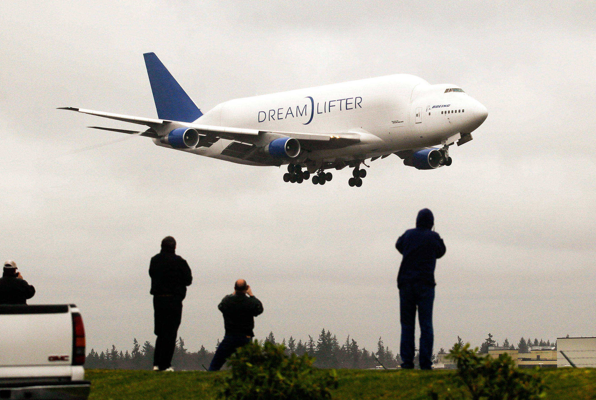 A Boeing 747 Dreamlifter comes in for a landing at Paine Field in Everett in 2013. (Mark Mulligan / Herald file)