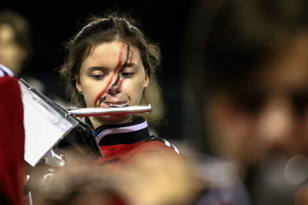 Snohomish band member plays a halftime Friday evening at Veterans Memorial Stadium in Snohomish on October 25, 2019. (Kevin Clark / The Herald)
