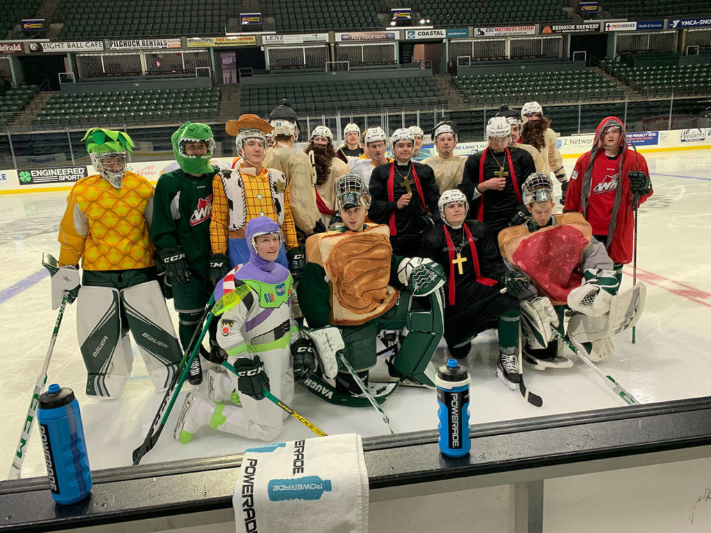 The Silvertips in costume for the team’s annual Halloween skate on Tuesday. (Mike Benton/Silvertips)
