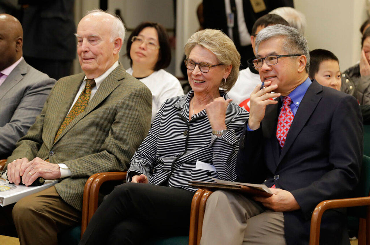 Former Washington Govs. (from left) Dan Evans, Chris Gregoire and Gary Locke sit together before testifying in favor of Initiative 1000 before a joint Washington state House and Senate committee at the Capitol in Olympia in April. More than two decades after Washington voters banned affirmative action, the question of whether one’s minority status should be considered as a contributing factor in state employment, contracting and admission to public colleges and universities is back on the ballot. Referendum 88, approving I-1000, gives voters the final say. Ted S. Warren/Associated Press file photo)