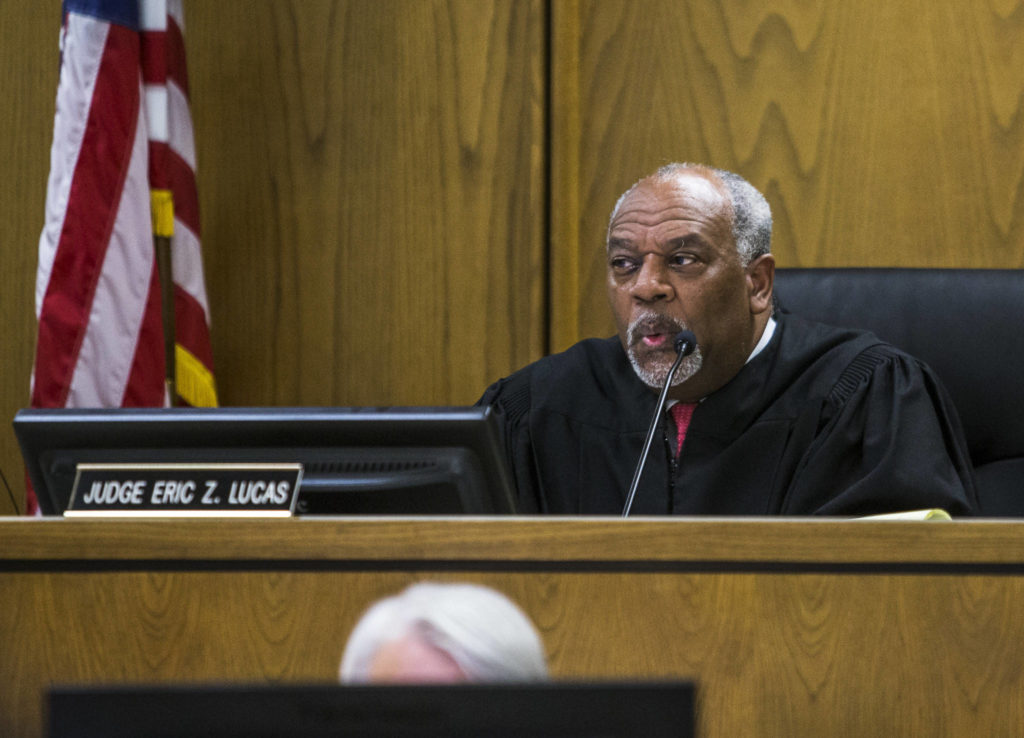 Judge Eric Lucas reads his verdict to the court at the Snohomish County Courthouse on Tuesday. (Olivia Vanni / The Herald)
