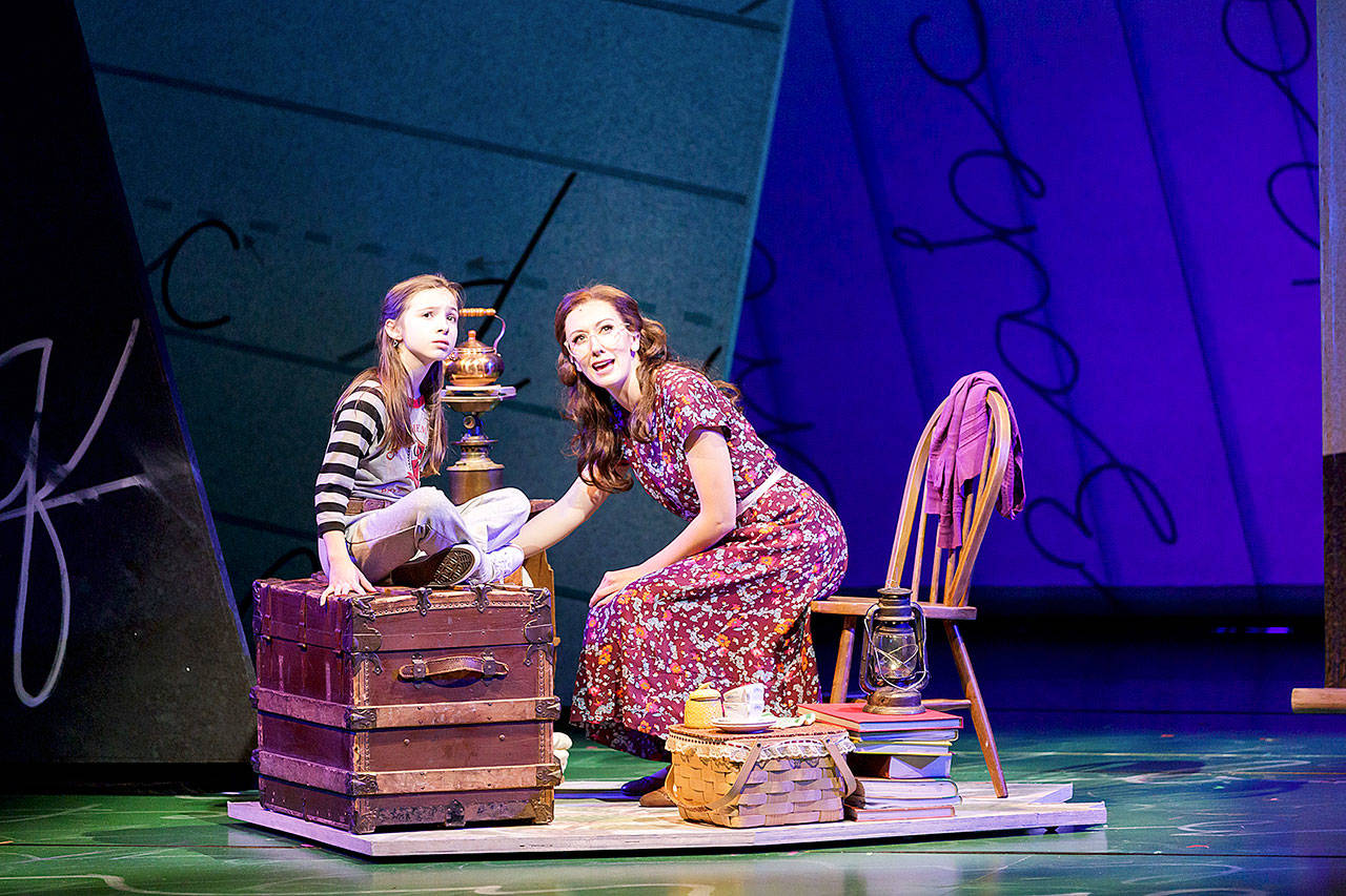 Holly Reichert (Matilda) and Marissa Ryder (Miss Honey) star in Village Theatres production of Matilda. Kathryn Van Meter won a Gregory Award for her choreography in this show. (Mark Kitaoka / Village Theatre)