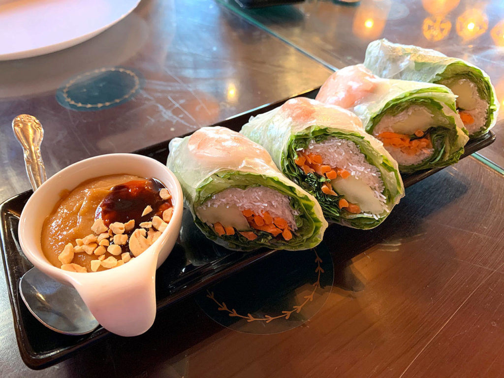 The fresh basil rolls are filled with shrimp, noodles, basil and lettuce and served with peanut sauce. (Evan Thompson / The Herald)
The fresh basil rolls are filled with shrimp, noodles, basil and lettuce and served with peanut sauce. (Evan Thompson / The Herald)
