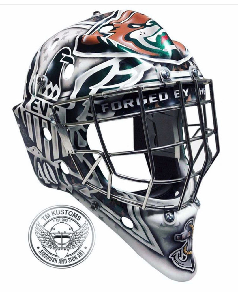 Travis Michael’s mask design for Silvertips rookie goaltender Braden Holt. (Courtesy of Travis Michael)
