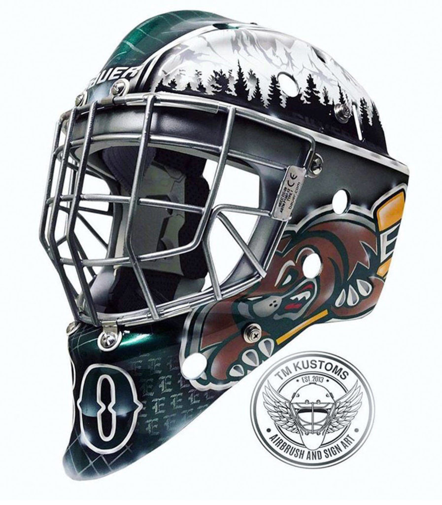 Travis Michael’s mask design for Silvertips goaltender Keegan Karki. (Courtesy of Travis Michael)
