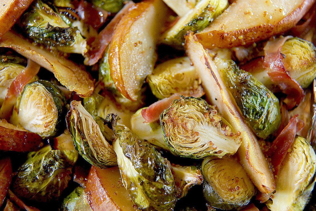 An Instagram-worthy photo of roasted brussels sprouts with pears. (Kirk McKoy / Los Angeles Times)
