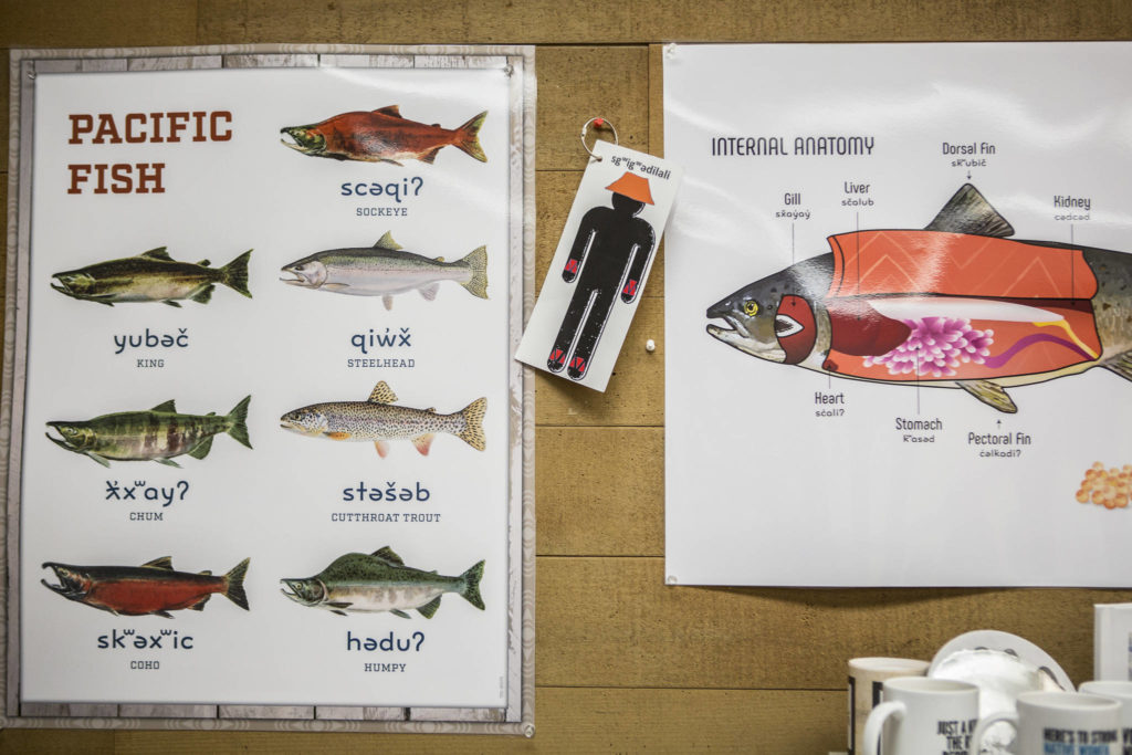 Posters with Lushootseed words for different kinds of fish are displayed on a wall next to a bathroom pass in Natosha Gobin’s classroom at Marysville Pulchuck High School. (Olivia Vanni / The Herald)
