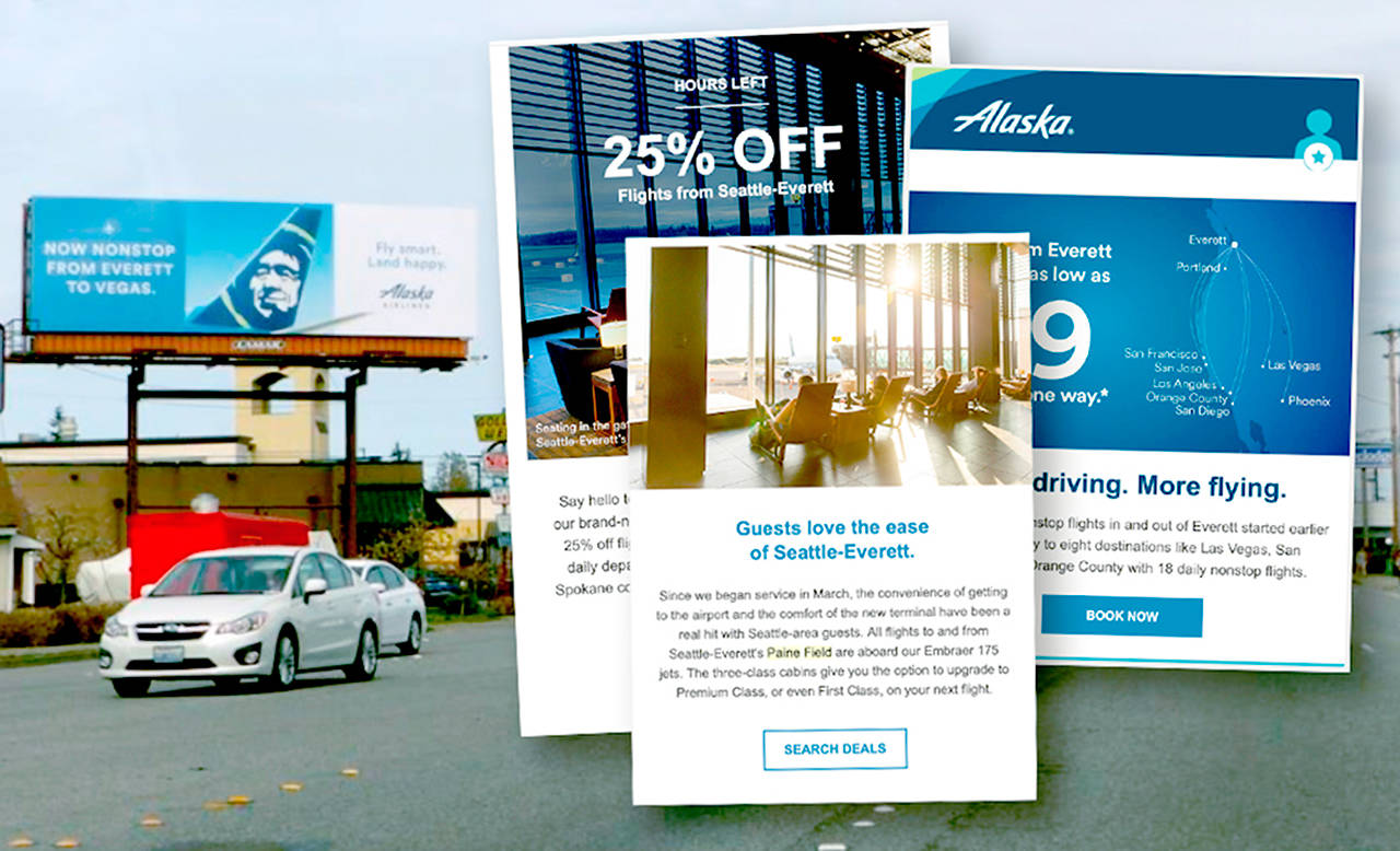 An Alaska Airlines billboard promoting service from Everett, and a collection of social-media advertising the airline has employed (Images courtesy Alaska Airlines; collage by The Herald)