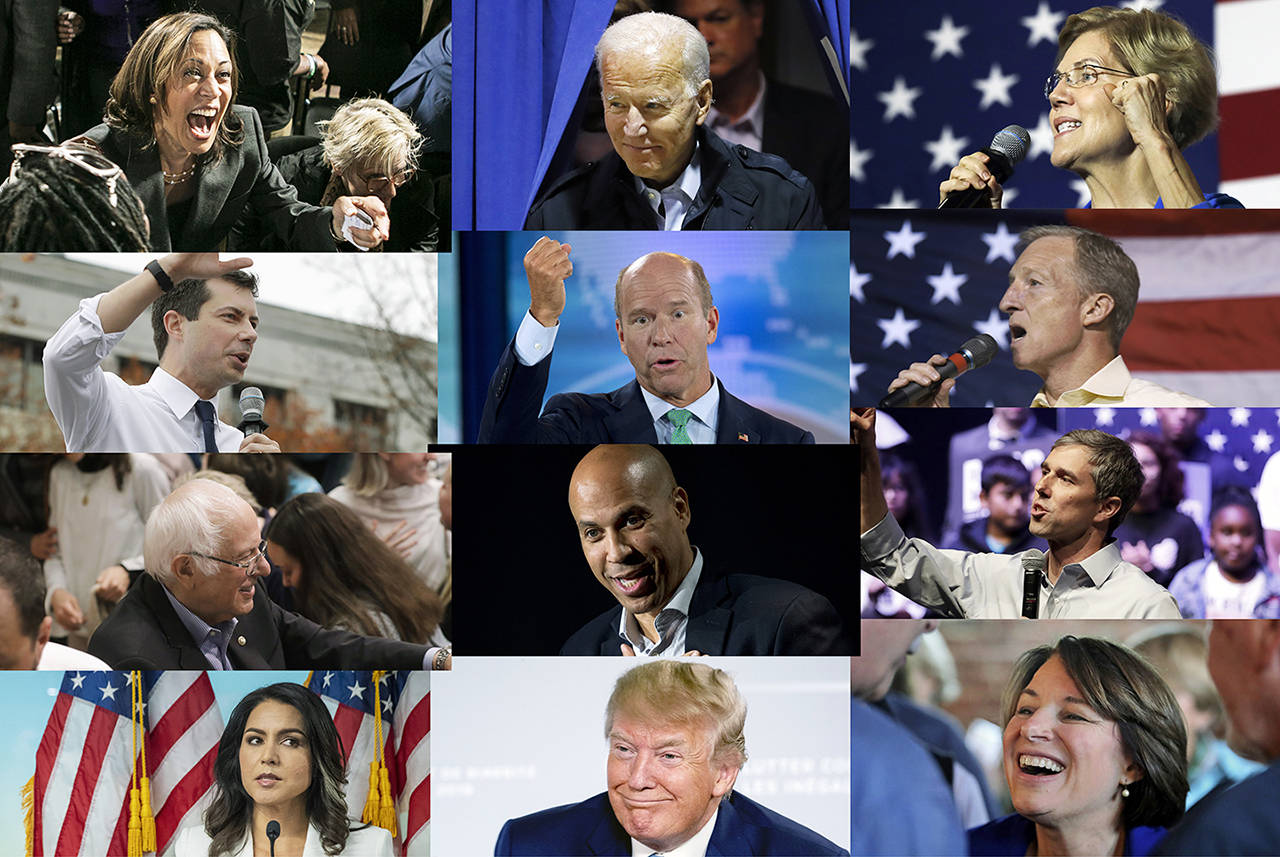 Kamala Harris, Joe Biden, Elzabeth Warren, Pete Buttigieg, John Delaney, Tom Steyer, Bernie Sanders, Cory Booker, Beto O’Rourke, Tulsi Gabbard, Donald Trump and Amy Klobuchar.