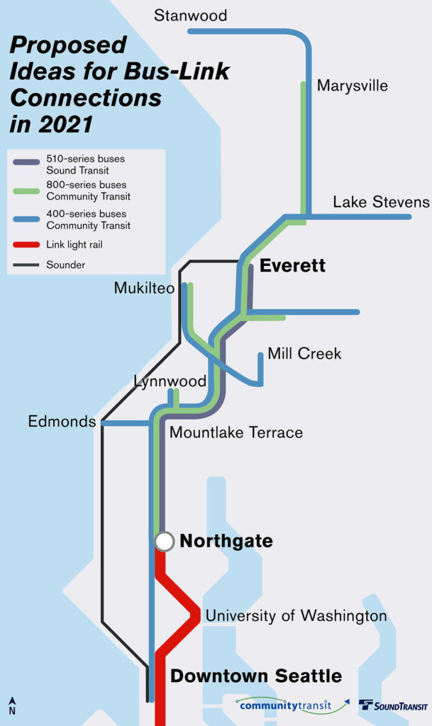 Map shows proposed bus-link connections. (Sound Transit/Community Transit)
