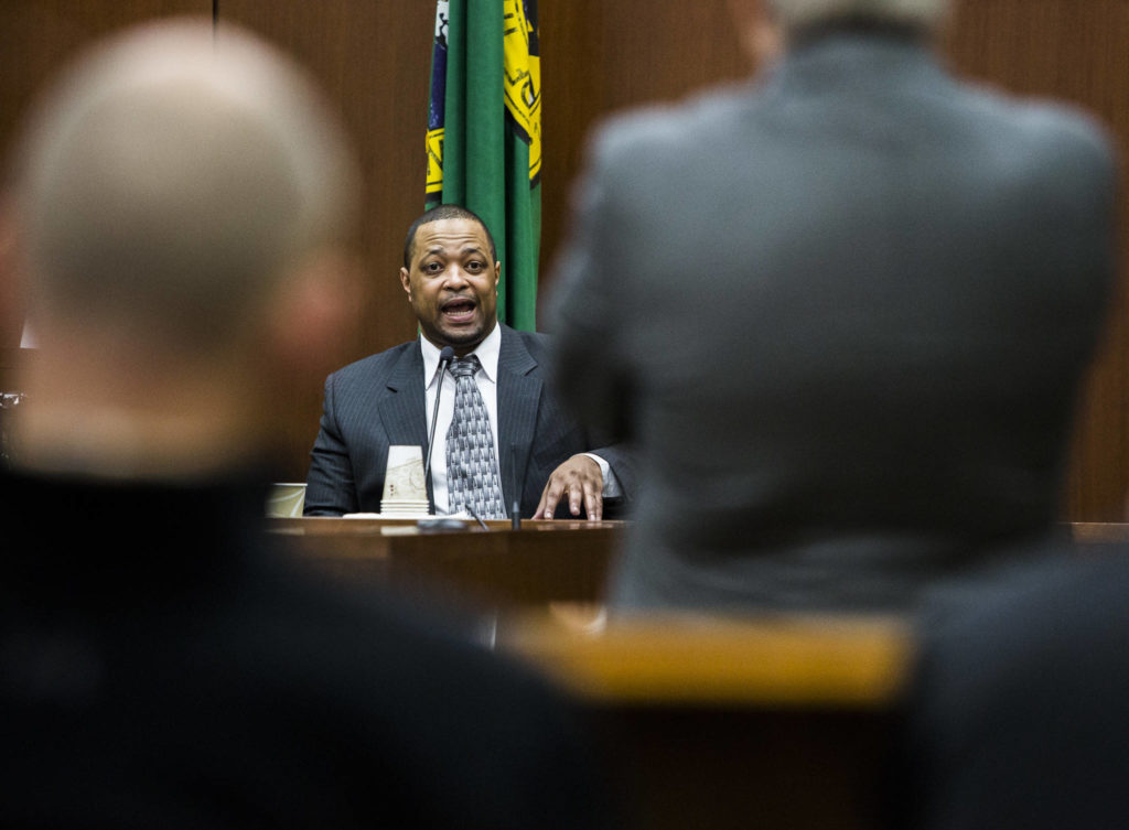 Jerry Wood testifies during his trial at the Snohomish County Courthouse on Thursday. (Olivia Vanni / The Herald)
