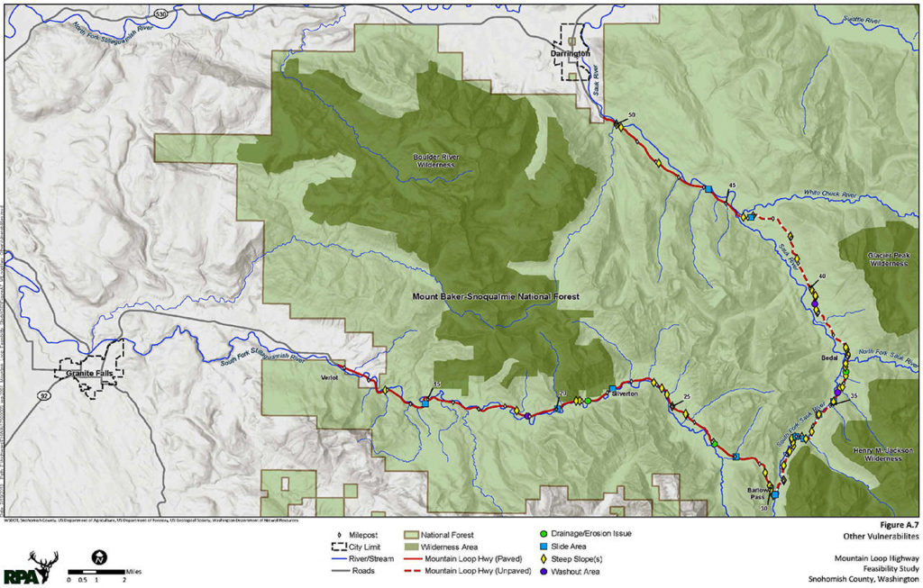Map from feasibility study of the Mountain Loop Highway. (WSDOT, Snohomish County, USDA, USFS, USGS, WDNR)
