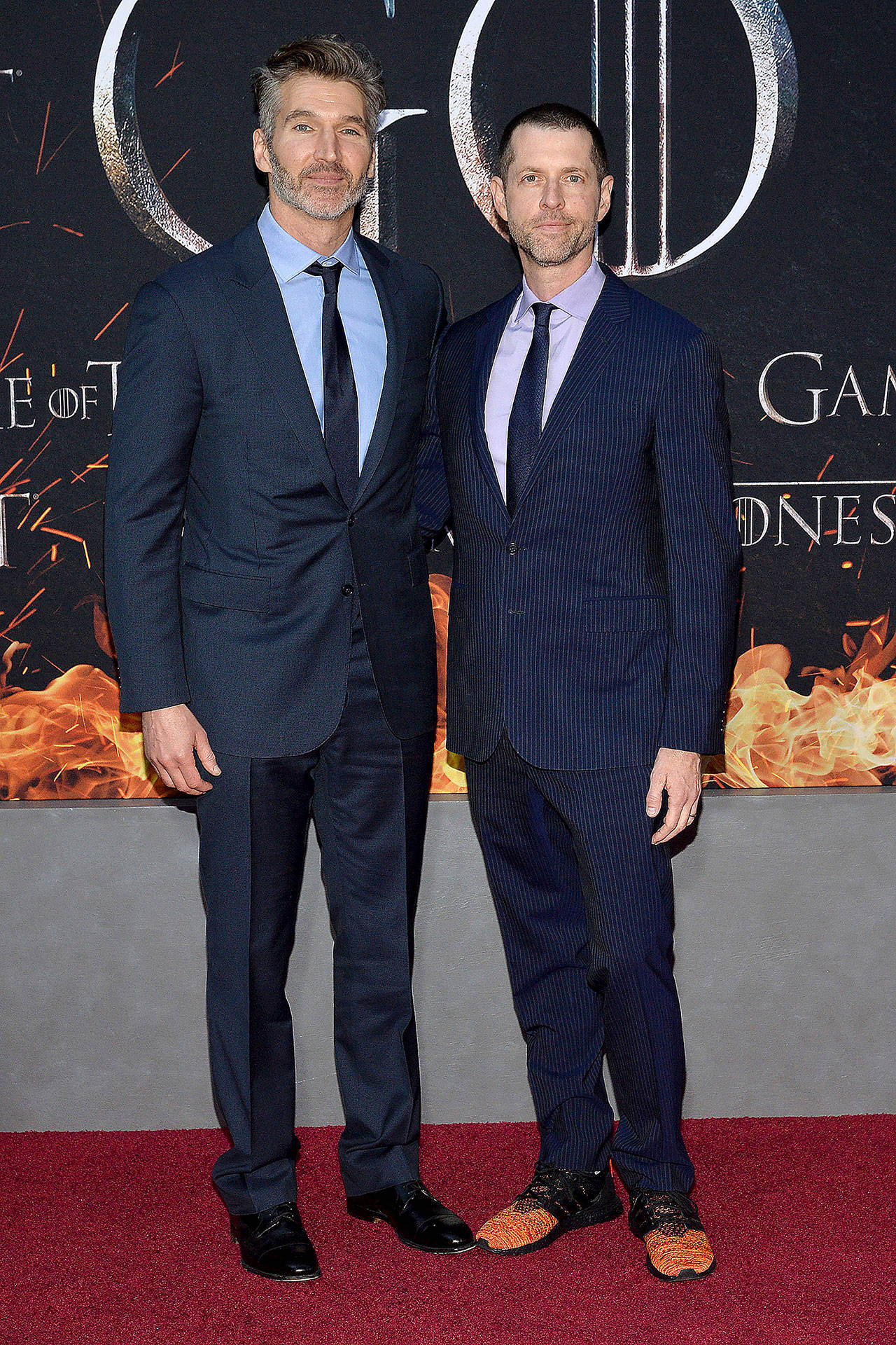 David Benioff (left) and D.B. Weiss attend HBO’s “Game of Thrones” eighth and final season premiere at New York’s Radio City Music Hall in April. (Anthony Behar/Sipa USA)