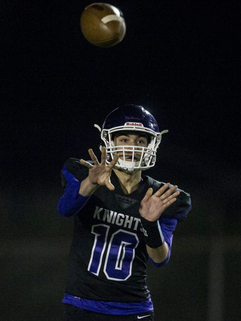 Kamiak’s Nick Laman throws the ball during the game on Nov. 1, 2019 in Everett, Wash. (Olivia Vanni / The Herald)
