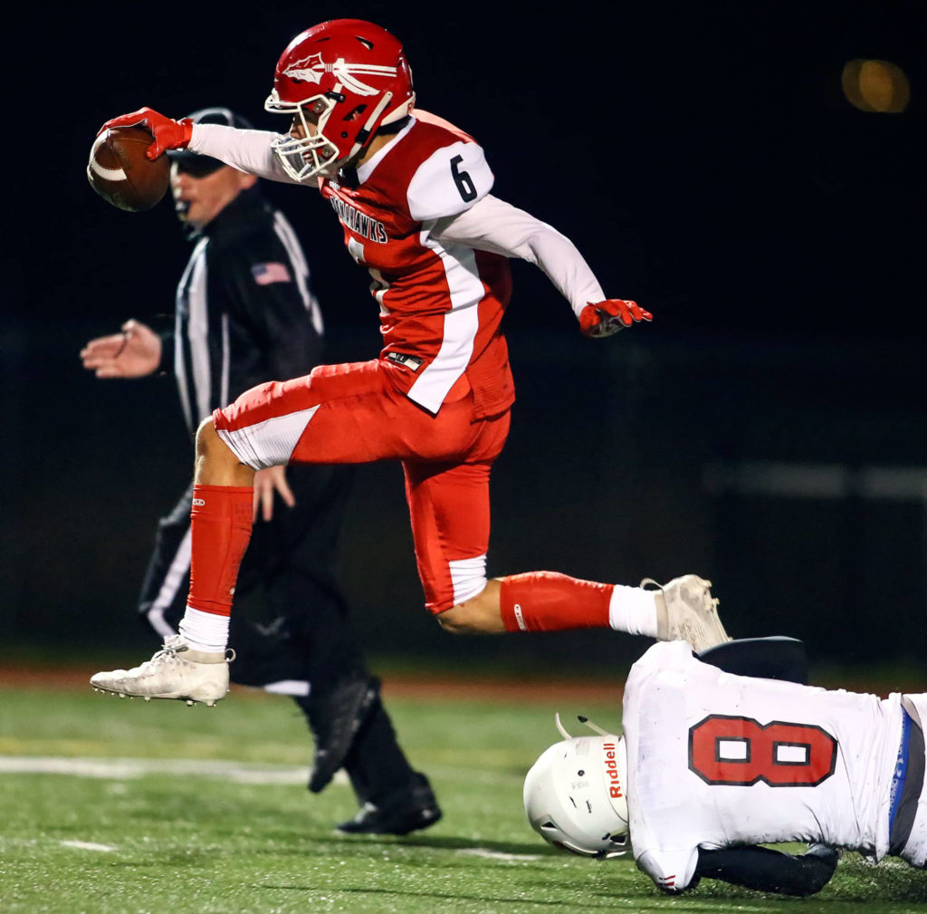 Marysville Pilchuck versus Snohomish in the Wesco 3A Championship Friday evening at Quil Ceda Stadium on November 1, 2019.(Kevin Clark / The Herald)
