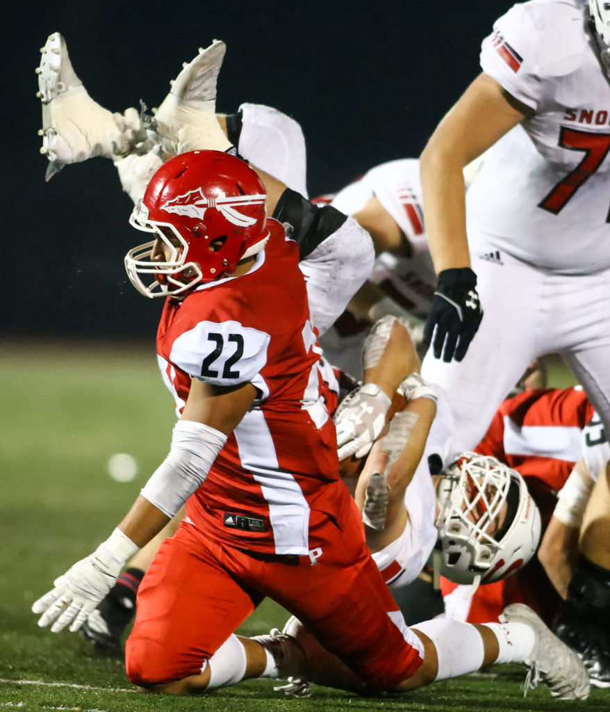 Marysville Pilchuck versus Snohomish in the Wesco 3A Championship Friday evening at Quil Ceda Stadium on November 1, 2019.(Kevin Clark / The Herald)
