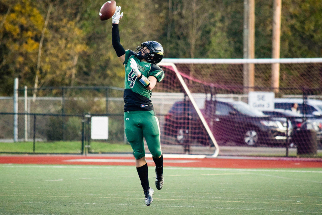 Junior wide receiver Landyn Olson catches Lynnwood’s punt for Marysville Getchell on Friday, Nov. 1 at Quil Ceda Stadium in Marysville. (Katie Webber / The Herald)
