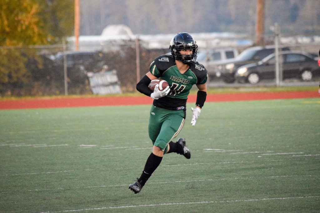 Junior wide receiver Landyn Olson returns the ball for Marysville Getchell against Lynnwood on Friday, Nov. 1 at Quil Ceda Stadium in Marysville. (Katie Webber / The Herald)

