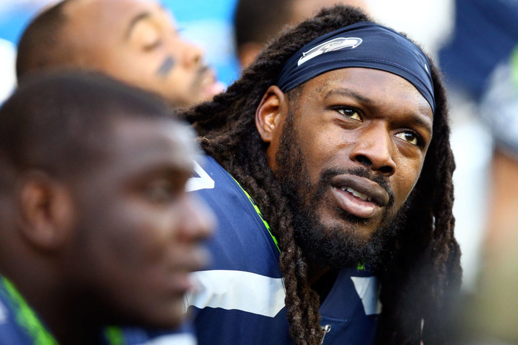 Seahawks Jadeveon Clowney Sunday afternoon against the Buccaneers at CenturyLink Field in Seattle on November 3, 2019. (Kevin Clark / The Herald)
