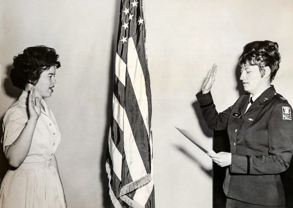 Darlene Wolfe, now Darlene Harrington, was sworn in to the Army’s Nurse Corps in June 1967 at a Seattle recruiting office. On July 4, 1967, she arrived in Vietnam. (Courtesy Darlene Harrington))
