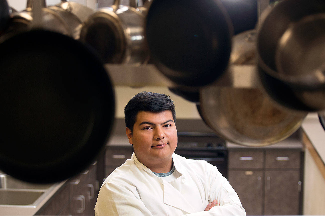 Senior Jorge Ortiz in the Chef’s room at Lynnwood High School on Friday, Nov. 8, 2019 in Lynnwood, Wash. (Andy Bronson / The Herald)