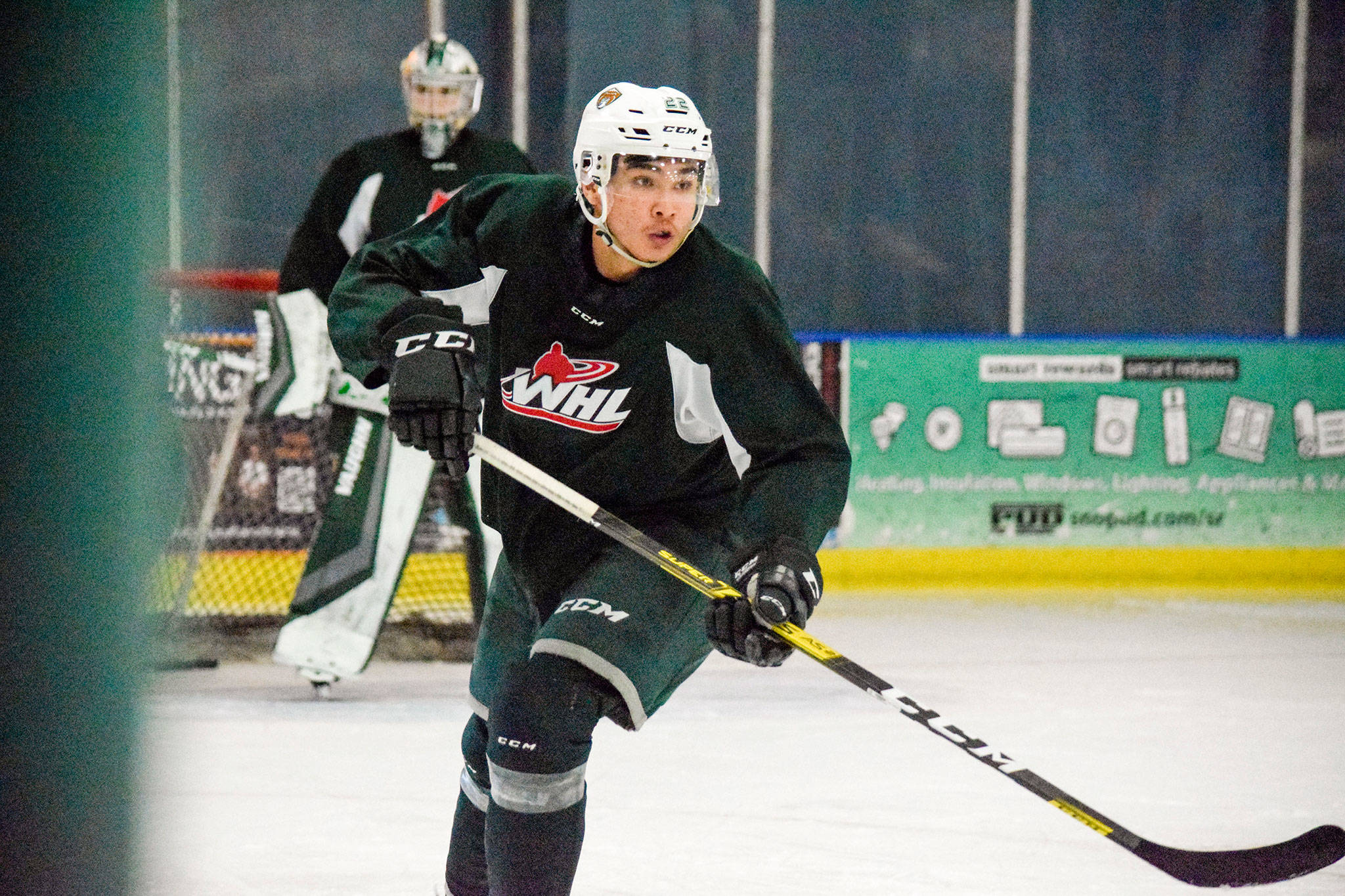 Silvertips forward Justyn Gurney practices on Wednesday at Angel of the Winds Arena. (Katie Webber / The Herald)