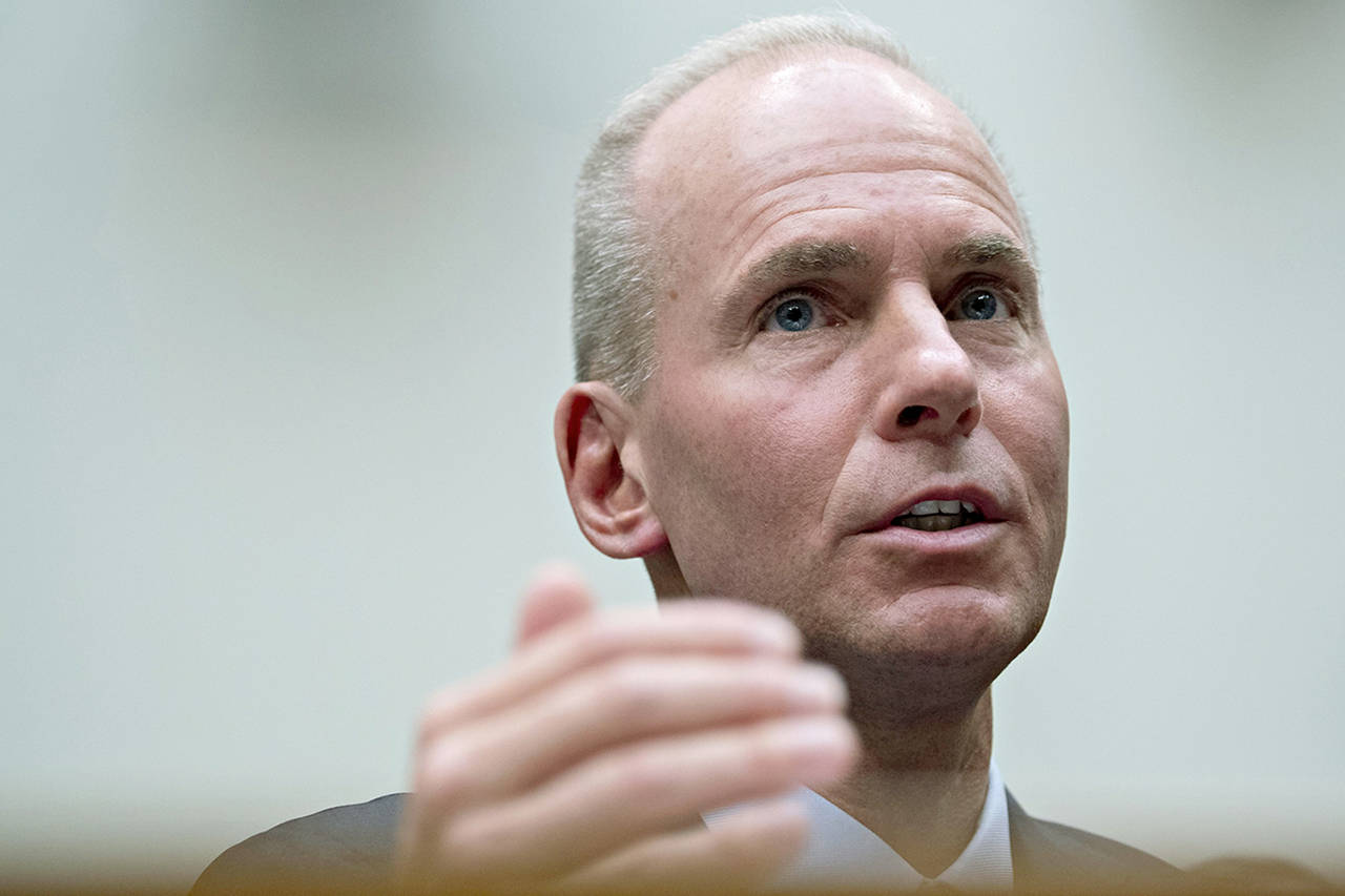Boeing CEO Dennis Muilenburg speaks during a House Transportation and Infrastructure Committee hearing in Washington on Oct. 30. (Andrew Harrer/Bloomberg)