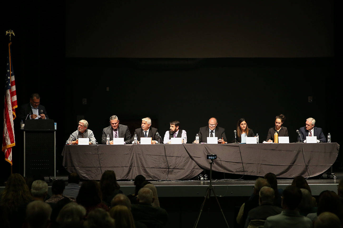 Candidates make their case for election during a forum at Rosehill Community Center in Mukilteo on Oct. 23. (Kevin Clark / Herald file)