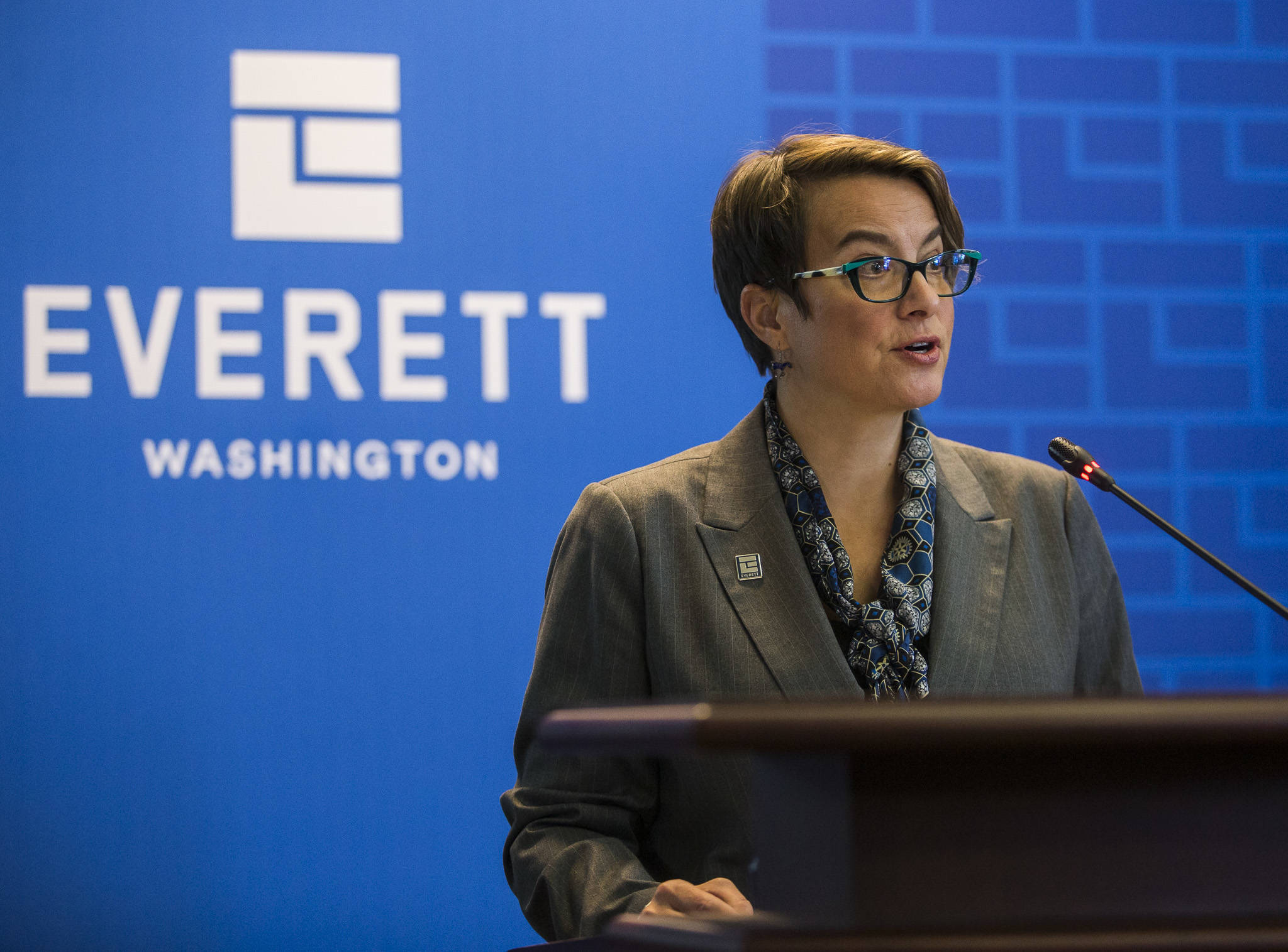 Mayor Cassie Franklin gave her 2020 budget address at the Everett City Council Chambers on Oct. 30 in Everett. (Olivia Vanni / The Herald)