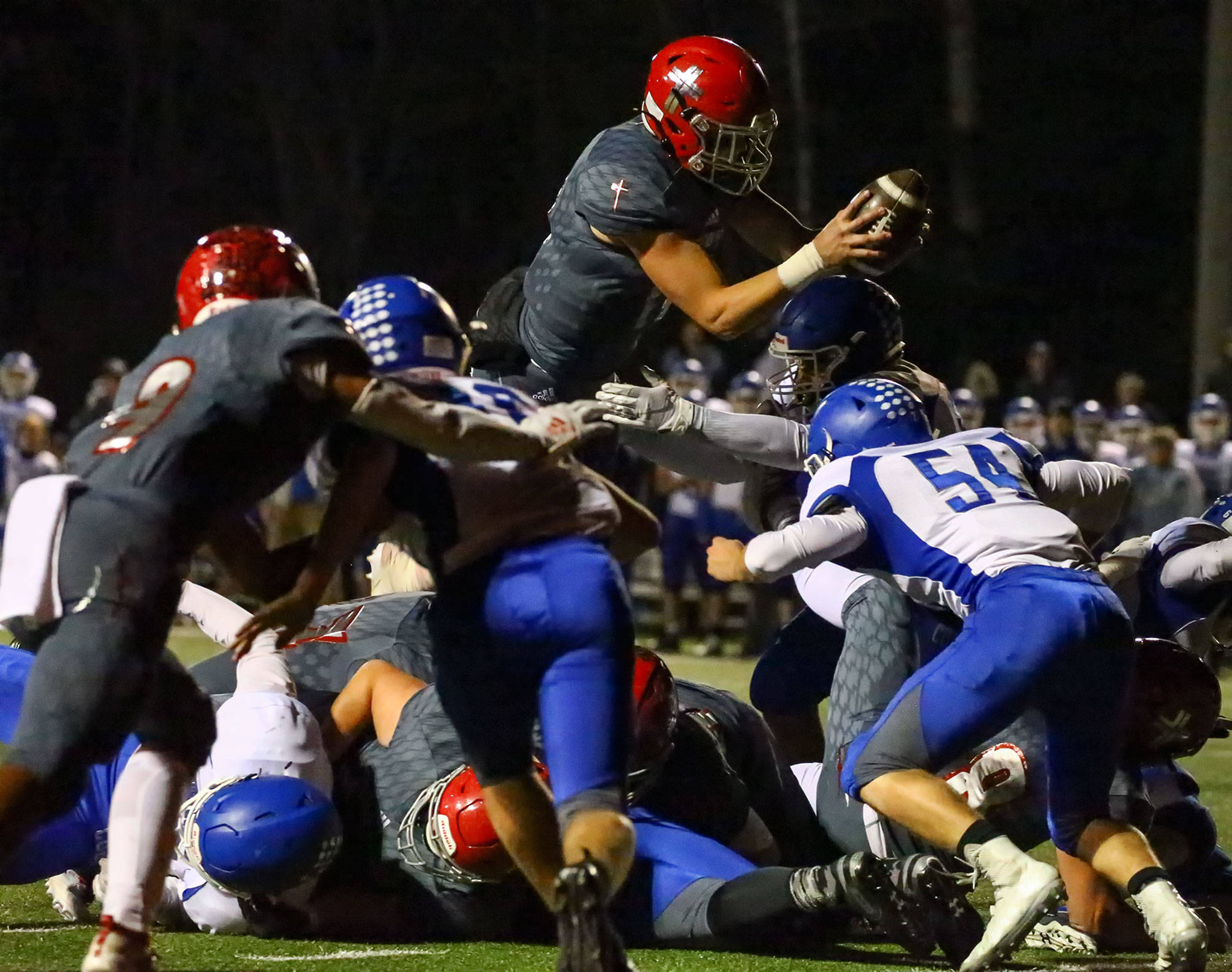 Archbishop Murphy defeated Sedro-Woolley for the second time in three weeks and advanced to the 2A state tournament with a 23-6 win over the Cubs on Friday at Terry Ennis Stadium in Everett. (Kevin Clark / The Herald)