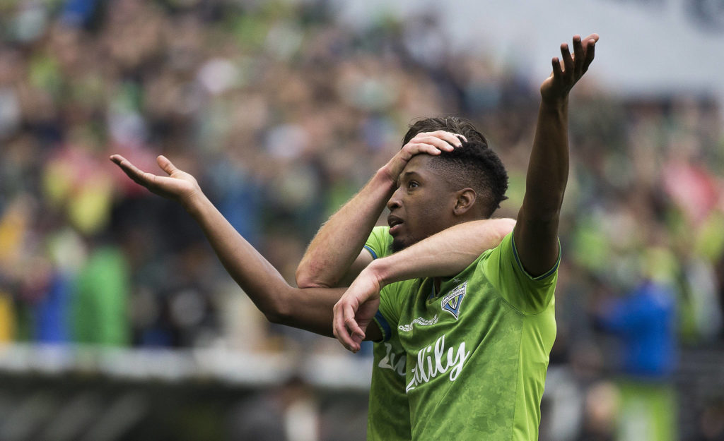 Sounders defender Kelvin Leerdam celebrates his goal as the Seattle Sounders beat Toronto FC 3-1 to win the MLS Cup at CenturyLink Field on Sunday, Nov. 10, 2019 in Seattle, Wash. (Andy Bronson / The Herald)
