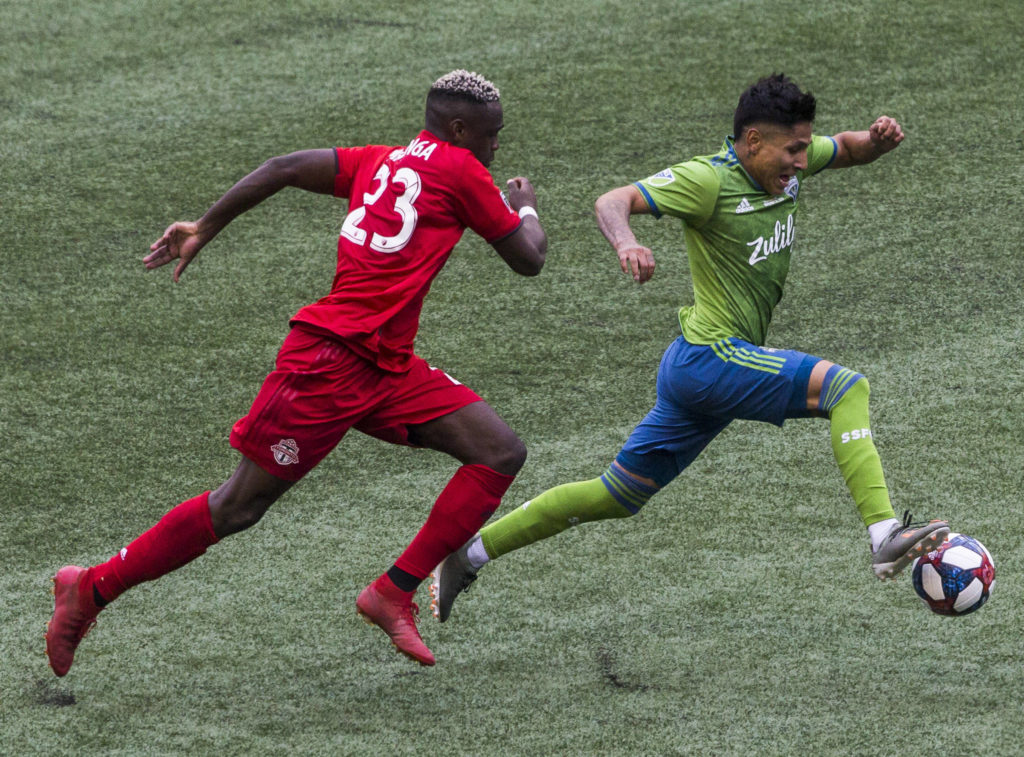 Sounders forward Raul Ruidiaz breaks away with the ball to score during the MLS Cup on Nov. 10, 2019 in Seattle, Wash. (Olivia Vanni / The Herald)
