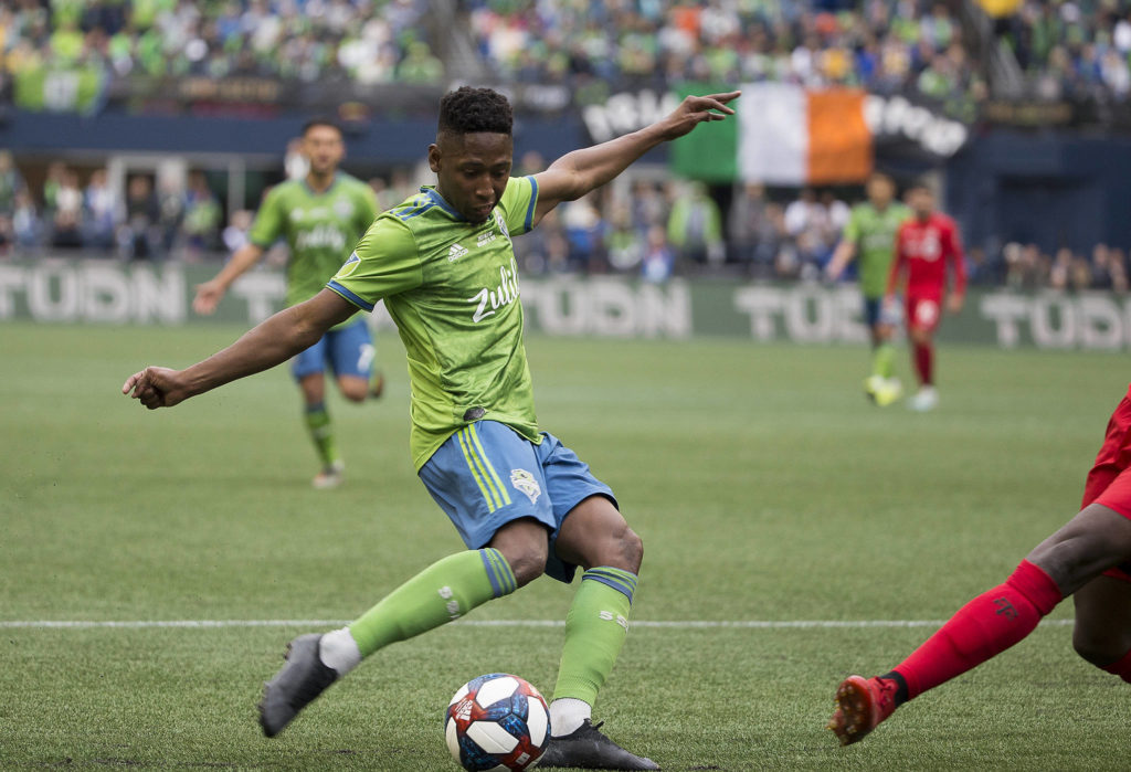 Sounders defender Kelvin Leerdam scores the first goal as the Seattle Sounders beat Toronto FC 3-1 to win the MLS Cup at CenturyLink Field on Sunday, Nov. 10, 2019 in Seattle, Wash. (Andy Bronson / The Herald)
