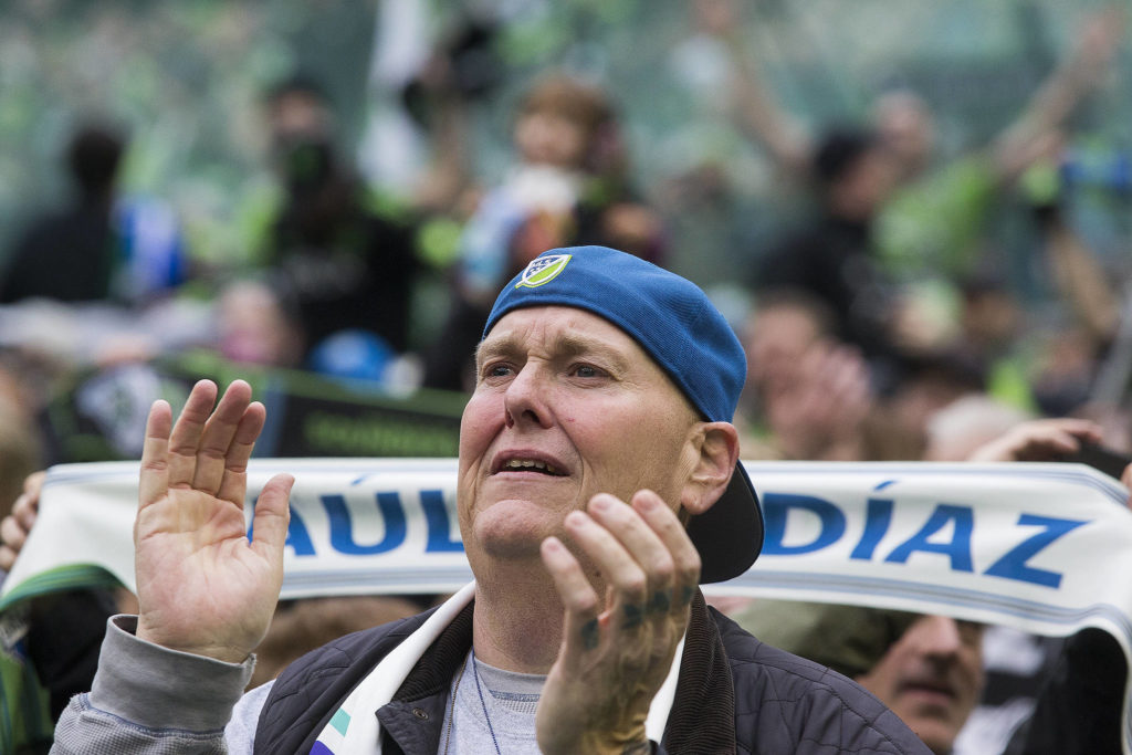 A fan tears up after the Seattle Sounders beat Toronto FC 3-1 to win the MLS Cup at CenturyLink Field on Sunday, Nov. 10, 2019 in Seattle, Wash. (Andy Bronson / The Herald)
