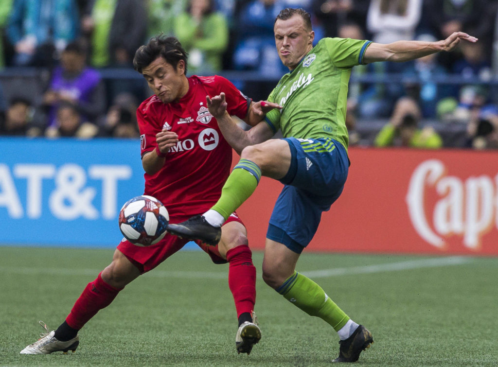 Sounders defender Brad Smith fights for the ball during the MLS Cup on Nov. 10, 2019 in Seattle, Wash. (Olivia Vanni / The Herald)
