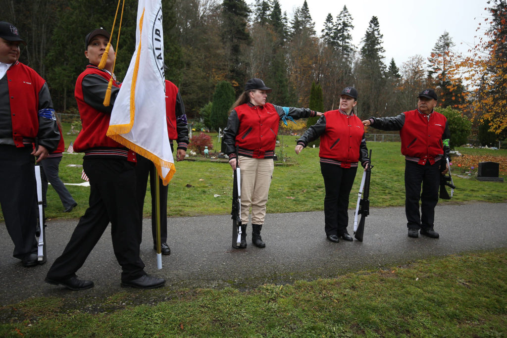 Tulalip Tribes Honor Guard members get ready for the funeral for the tribes’ longest serving board member and chairman Stan Jones Sr., on Tuesday. (Andy Bronson / The Herald)
