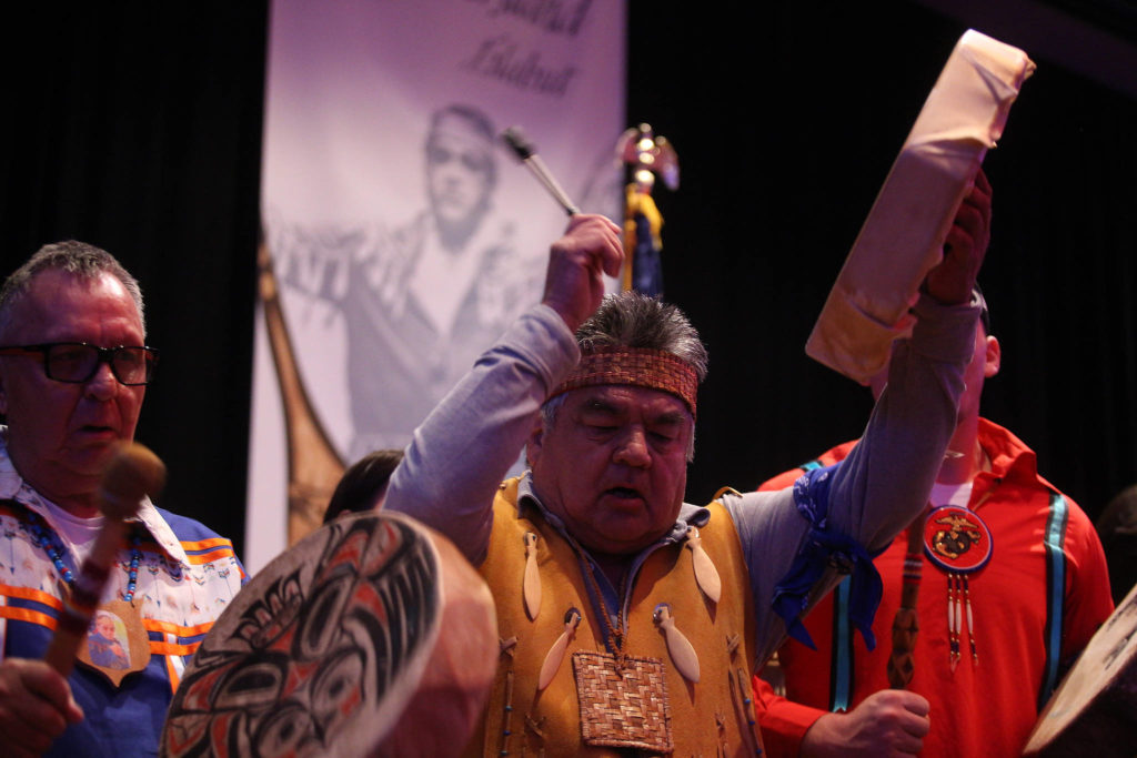 Tribal members remembered Stan Jones Sr. with drumming and stories of his legacy at a memorial in the Orca Ballroom at the Tulalip Casino Resort Tuesday. Jones, 93, died Nov. 5. (Andy Bronson / The Herald)
