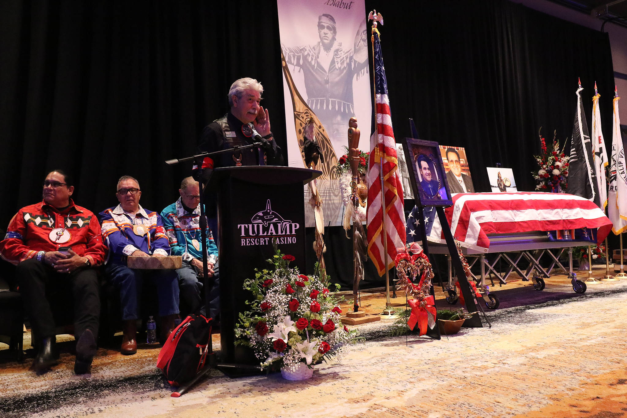 Mel Sheldon talks at the memorial for Tulalip Tribes longest serving board member and chairman Stan Jones Sr. on Tuesday. (Andy Bronson / The Herald)