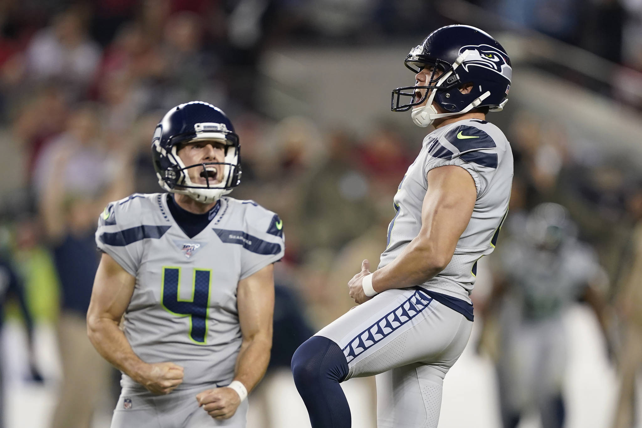 Seattle Seahawks place-kicker Jason Myers (right) celebrates with Michael Dickson after kicking a field goal in the second half of Monday’s 27-24 win over the San Francisco 49ers. (AP Photo/Tony Avelar)