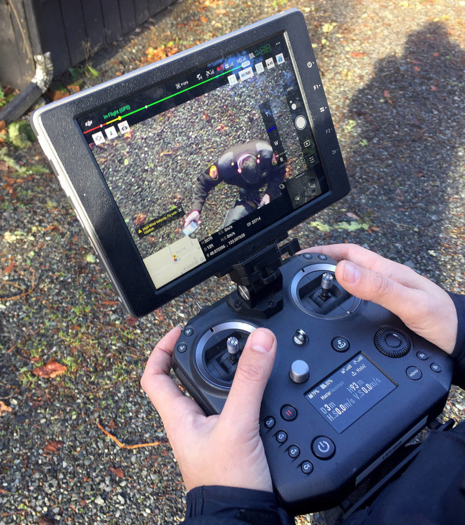 Getchell Fire Chief Travis Hots operates his department’s drone. The machine’s infrared camera helped find a missing Lake Stevens woman on Wednesday. 
